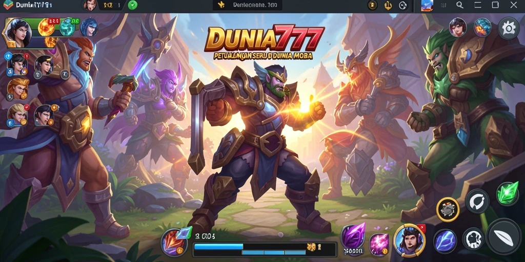 Screenshot DUNIA777 menampilkan aksi pertempuran seru di arena MOBA.