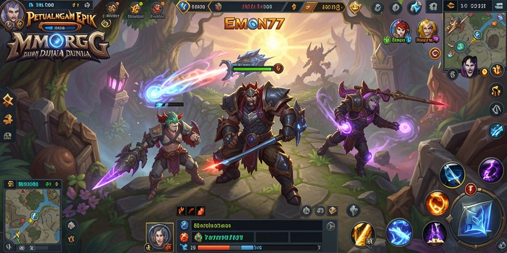 Tangkapan layar utama EMON77 menampilkan pertarungan epik dalam dunia MMORPG.