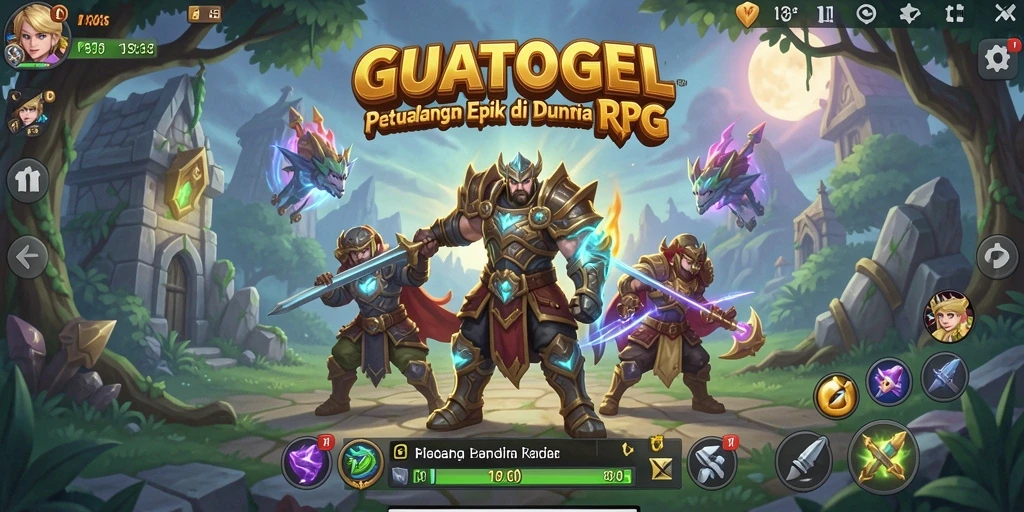 Tangkapan layar GUATOGEL menampilkan pertempuran dinamis dan karakter unik dalam RPG.