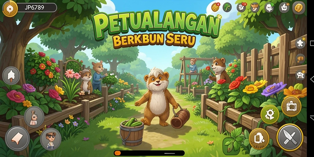 Gameplay seru JP6789 dengan kebun yang subur dan hewan ternak.