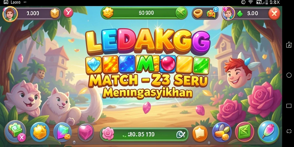 Tampilan gameplay LEDAKGG dengan permata berwarna-warni yang seru.