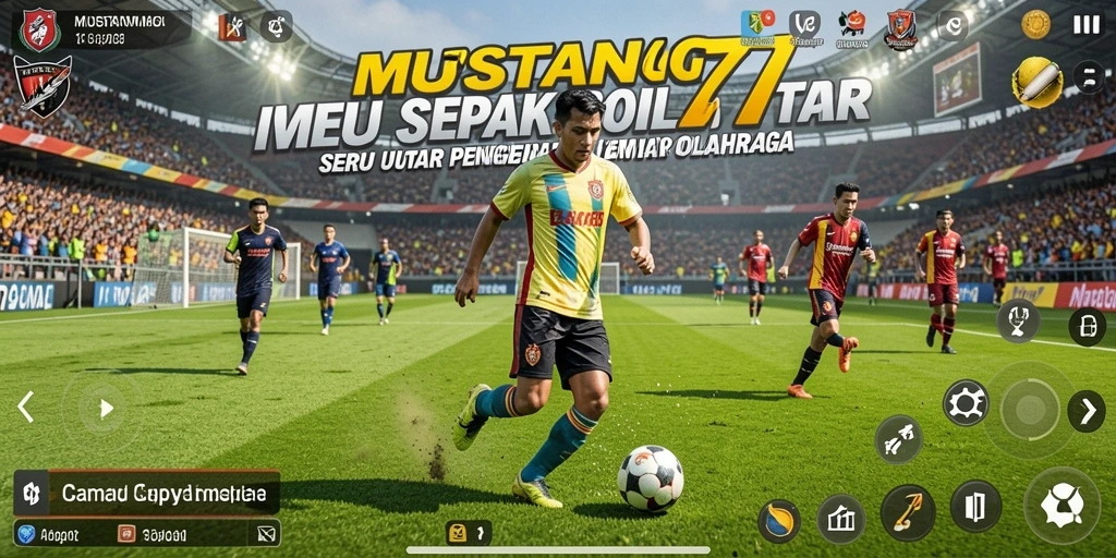 Screenshot gameplay MUSTANG77 menampilkan aksi seru di lapangan sepak bola.