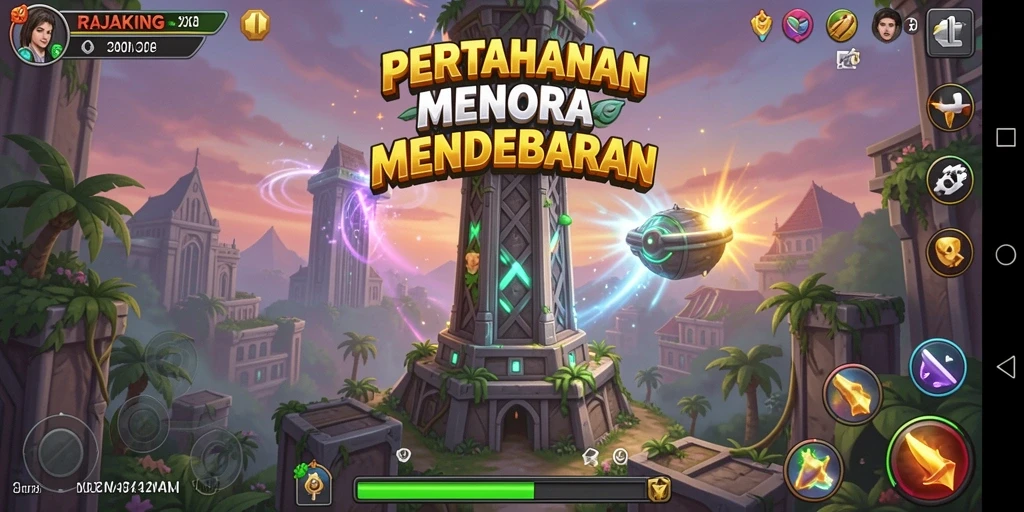 Tampilan gameplay seru dalam game Tower Defense RAJAKING.