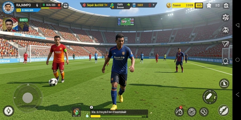 Tampilan utama gameplay RAJAMPO dengan aksi sepak bola yang mendebarkan.
