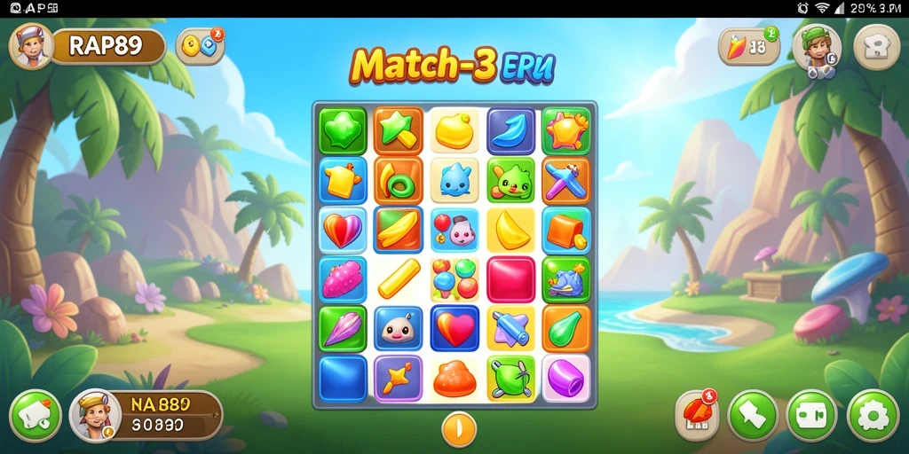 Tampilan gameplay RAP89 yang menegangkan dalam pencocokan simbol Match-3.