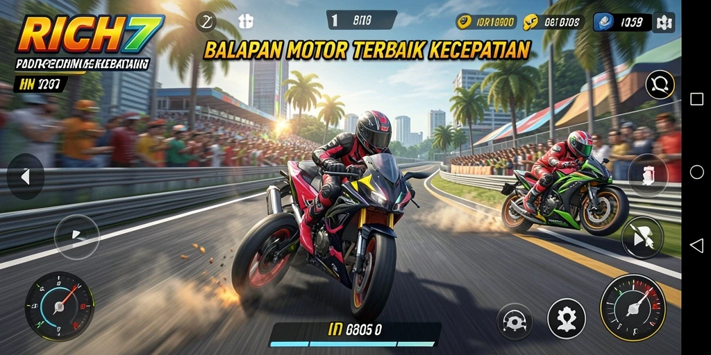Screenshot gameplay RICH7 yang menampilkan balapan seru dan medan yang menantang.