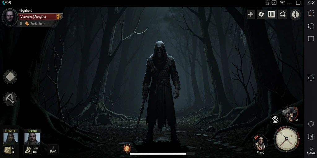 Screenshot gameplay V98 menunjukkan suasana menyeramkan penuh kecemasan.