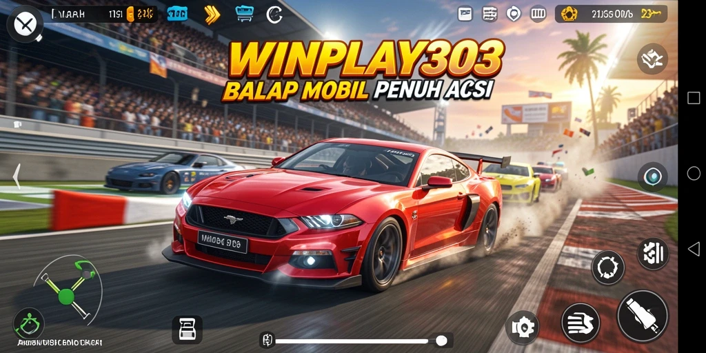 Screenshot gameplay <strong>WINPLAY303</strong> menunjukkan aksi balapan mobil yang mendebarkan.